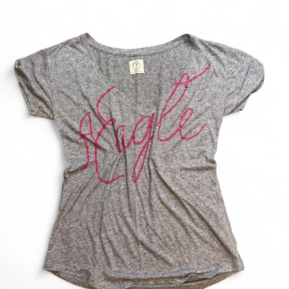 American Eagle Vintage T Burnout Tee Gray Pink Y2K 2000s Deep V Neck